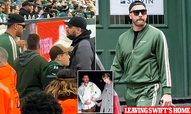 Travis Kelce is spotted leaving Taylor Swift's Tribeca apartment in green Palm Angels tracksuit before arriving at MetLife Stadium to watch brother Jason play vs. Jets... but pop sensation stays away