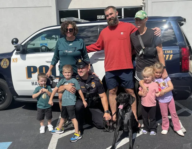 Jason and wife Kylie Kelce join friend Steve Videon in giving back to Haverford community with K-9 sponsorship