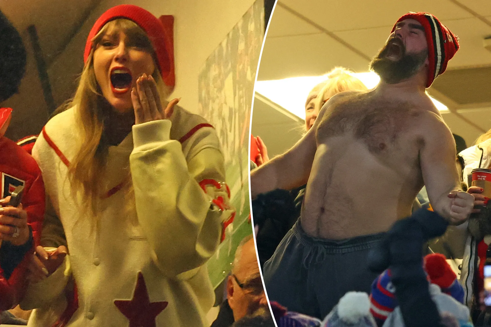 Travis Kelce reveals Taylor Swift 'absolutely loved' Jason Kelce after his incredible drunken display at Chiefs-Bills game... as Eagles star admits he warned wife Kylie he was going to perform viral shirtless celebration BEFORE the game had even begun