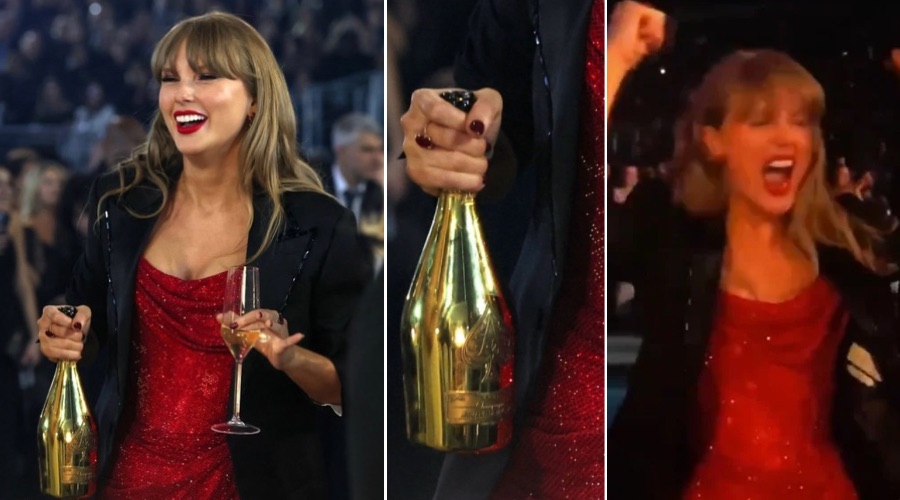 Breaking: The bottle of champagne Taylor Swift was holding at the Grammy is Jay-Z’s Armand de Brignac, sold  for $100k per bottle at the XS nightclub in Las Vegas' Encore casino and they bring it to all the shows they go to