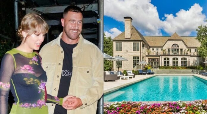 First images emerge of Travis Kelce's luxury new $15m Kansas mansion - complete with a swimming pool, waterfall and mini golf course - as he hunts for 'more privacy' amid his fledgling romance with Taylor Swift