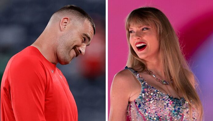 Taylor Swift cheekily sticks her tongue out on the big screen as she cheers on Travis Kelce and the Chiefs alongside A-List pals Alana Haim and Brittany Mahomes - with Eagles fan dad Scott even wearing a Kansas City jersey