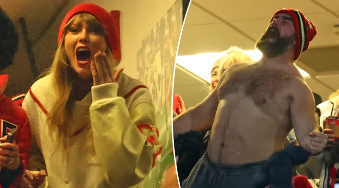 Travis Kelce reveals Taylor Swift 'absolutely loved' Jason Kelce after his incredible drunken display at Chiefs-Bills game... as Eagles star admits he warned wife Kylie he was going to perform viral shirtless celebration BEFORE the game had even begun