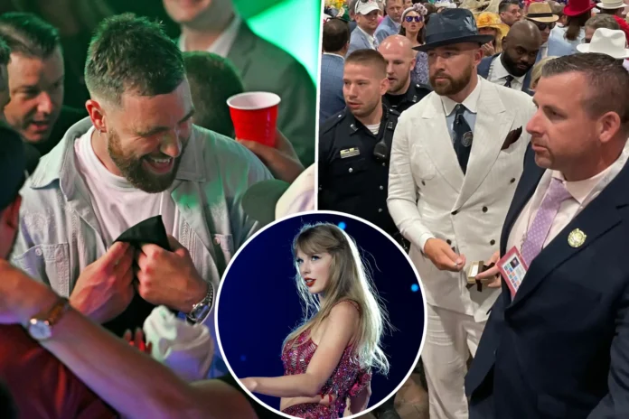 Travis Kelce arrives for Kentucky Derby without Taylor Swift as dapper Chiefs star rocks white suit and black top hat... before celebrating a big win!