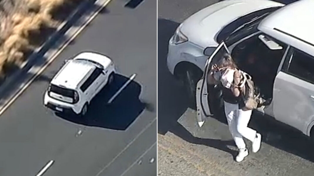 A suspect in a reported stolen Kia Soul drove erratically through Los Angeles before she eventually ditched the car and attempted to make a bizarre escape on foot.