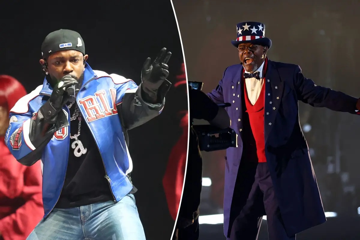 Samuel L Jackson, dressed as uncle Sam, introduced Kendrick Lamar for the 2025, super bowl half time show-a powerful show