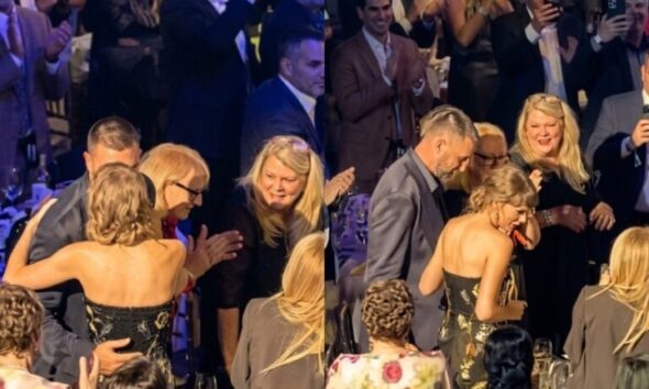 Crowd erupts with “get a room!” chants as Taylor Swift and Travis Kelce pack on the PDA, share a passionate kiss at the Songwriters Hall of Fame induction while Andrea Swift looks on proudly cheering them at star-studded gala