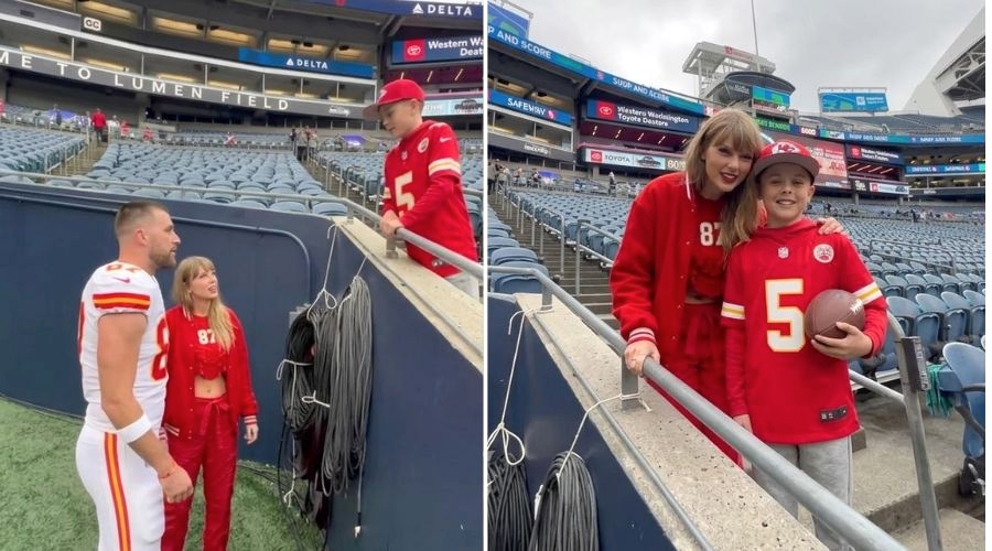 Taylor Swift and Husband Travis Kelce Make a Young Chiefs Fan Very Happy in a Heartwarming Moment in Seattle Ahead of the Chiefs vs. Seahawks Kickoff
