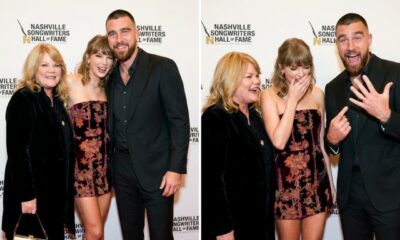 Taylor Swift Stuns in a Burgundy Velvet Mini Dress With Chiffon Print as She Steals the Spotlight With Husband Travis Kelce and Mom Andrea Swift on the Red Carpet at Her Nashville Songwriters Hall of Fame Induction