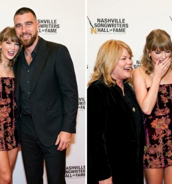 Taylor Swift Stuns in a Burgundy Velvet Mini Dress With Chiffon Print as She Steals the Spotlight With Husband Travis Kelce and Mom Andrea Swift on the Red Carpet at Her Nashville Songwriters Hall of Fame Induction