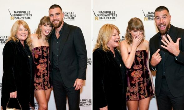 Taylor Swift Stuns in a Burgundy Velvet Mini Dress With Chiffon Print as She Steals the Spotlight With Husband Travis Kelce and Mom Andrea Swift on the Red Carpet at Her Nashville Songwriters Hall of Fame Induction