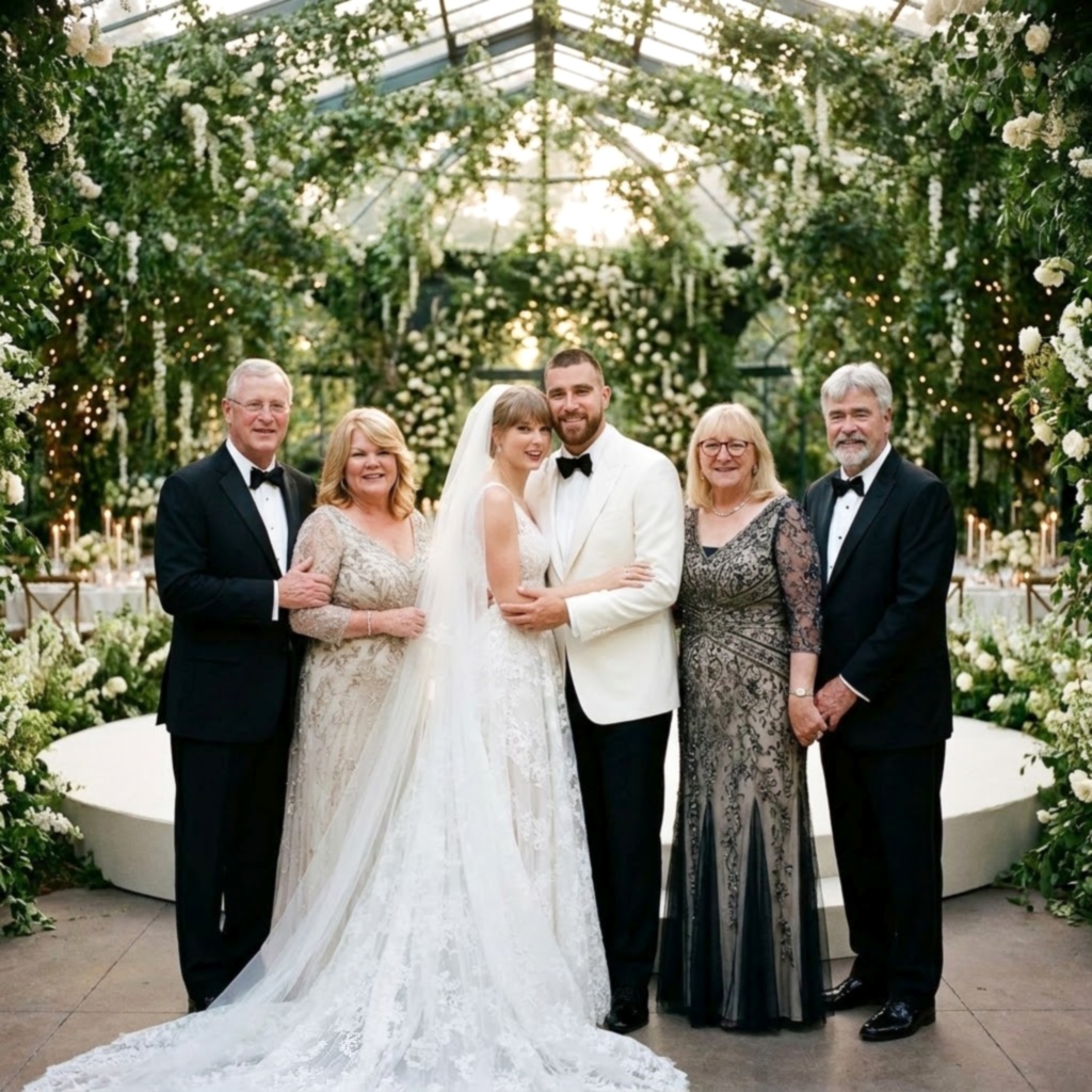Taylor Swift Officially Releases the First Exclusive Look at Her Wedding Photos With Husband Travis Kelce and Both Sets of Parents, Donna and Ed Kelce and Andrea and Scott Swift, After Months of Secrecy and the Recent Daily Mail Leak of the Original Wedding Layout Plans and Scrapped Decisions